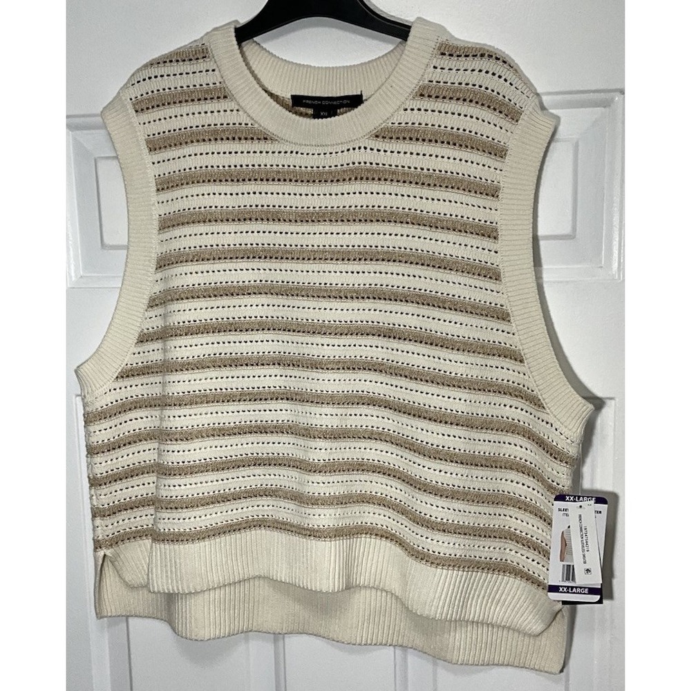 French Connection Ivory Gold Stripe Cotton Blend Sleeveless Knit Top Women's XXL